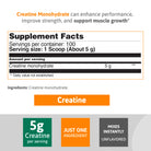 Creatine Monohydrate supplement facts showing 5 g of creatine per serving and one ingredient formula.