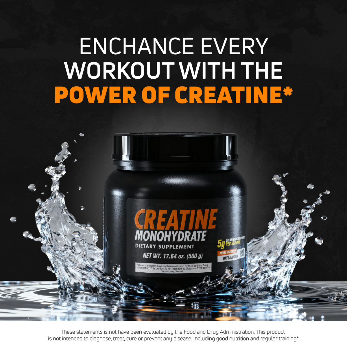 Creatine Monohydrate supplement jar with water splash for workout power and fitness routine support.