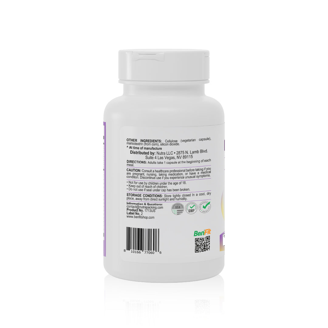 Back label of DigestMax digestive enzyme capsules showing directions, ingredients, barcode, and quality seals.