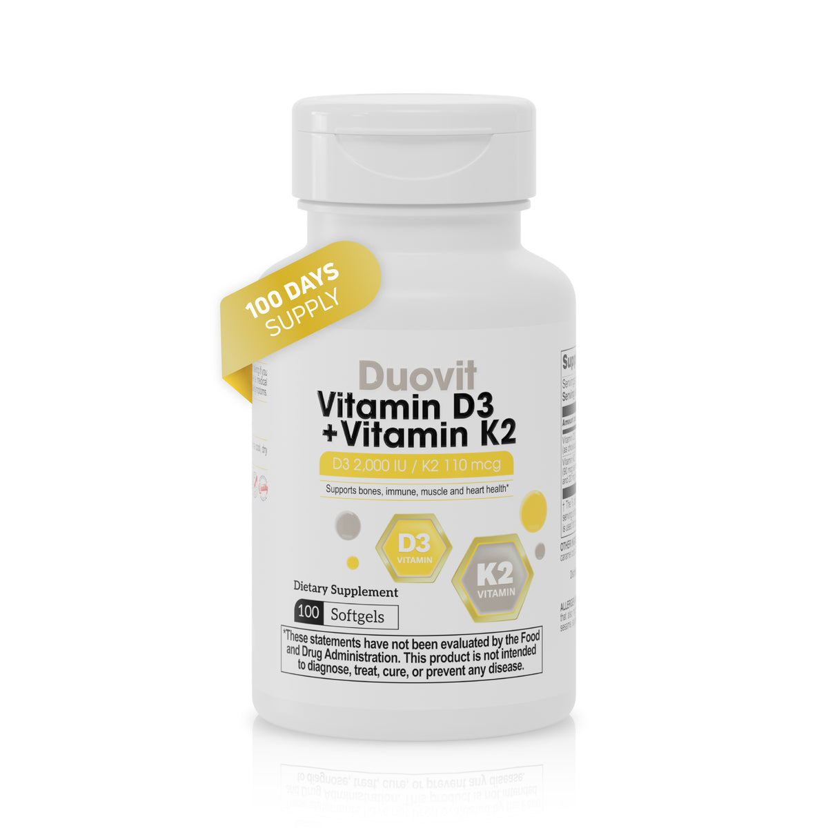 Duovit Vitamin D3 and Vitamin K2 supplement bottle with 100 softgels.