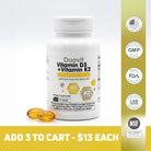 Duovit Vitamin D3 plus Vitamin K2 supplement with 100 softgels and promotional offer.