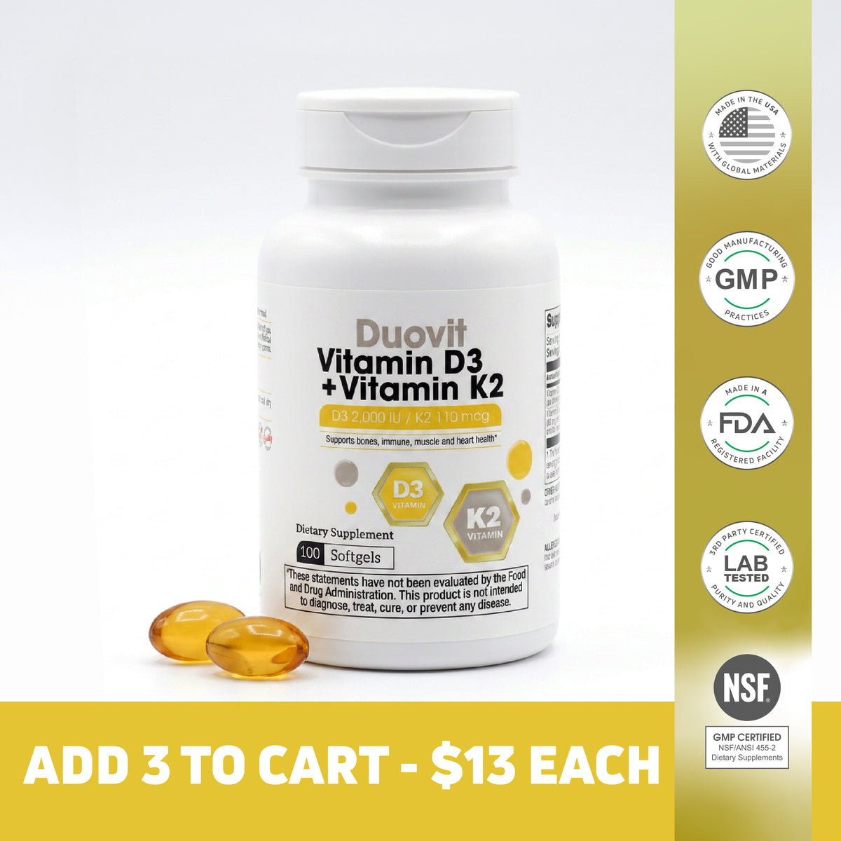 Duovit Vitamin D3 plus Vitamin K2 supplement with 100 softgels and promotional offer.