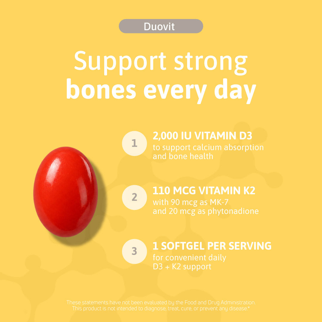 Duovit formula with 2,000 IU Vitamin D3 and 110 mcg Vitamin K2, with one softgel per serving for daily D3 and K2 support.