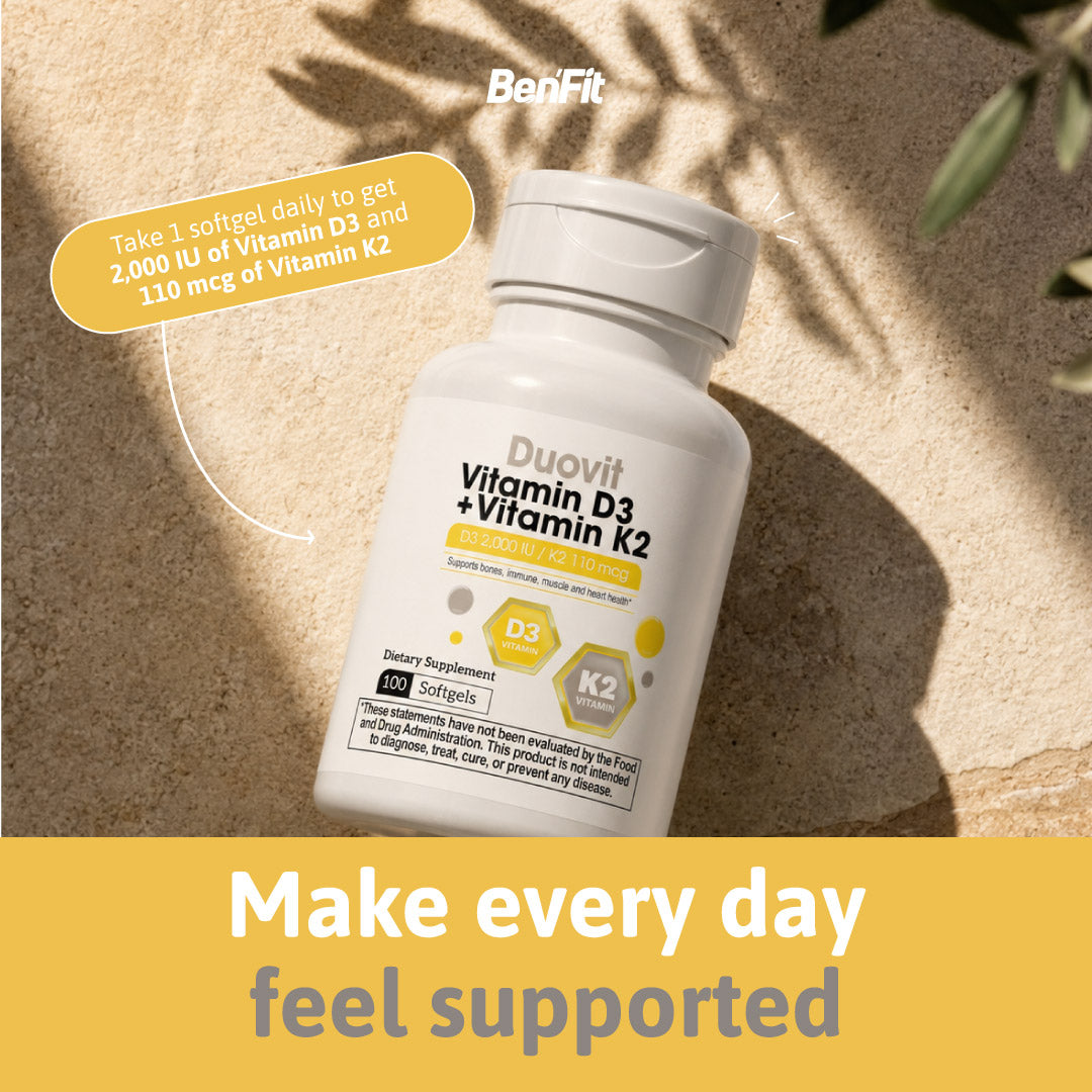 BenFit Duovit Vitamin D3 and Vitamin K2 supplement displayed in a wellness setting for daily bone and calcium absorption support.