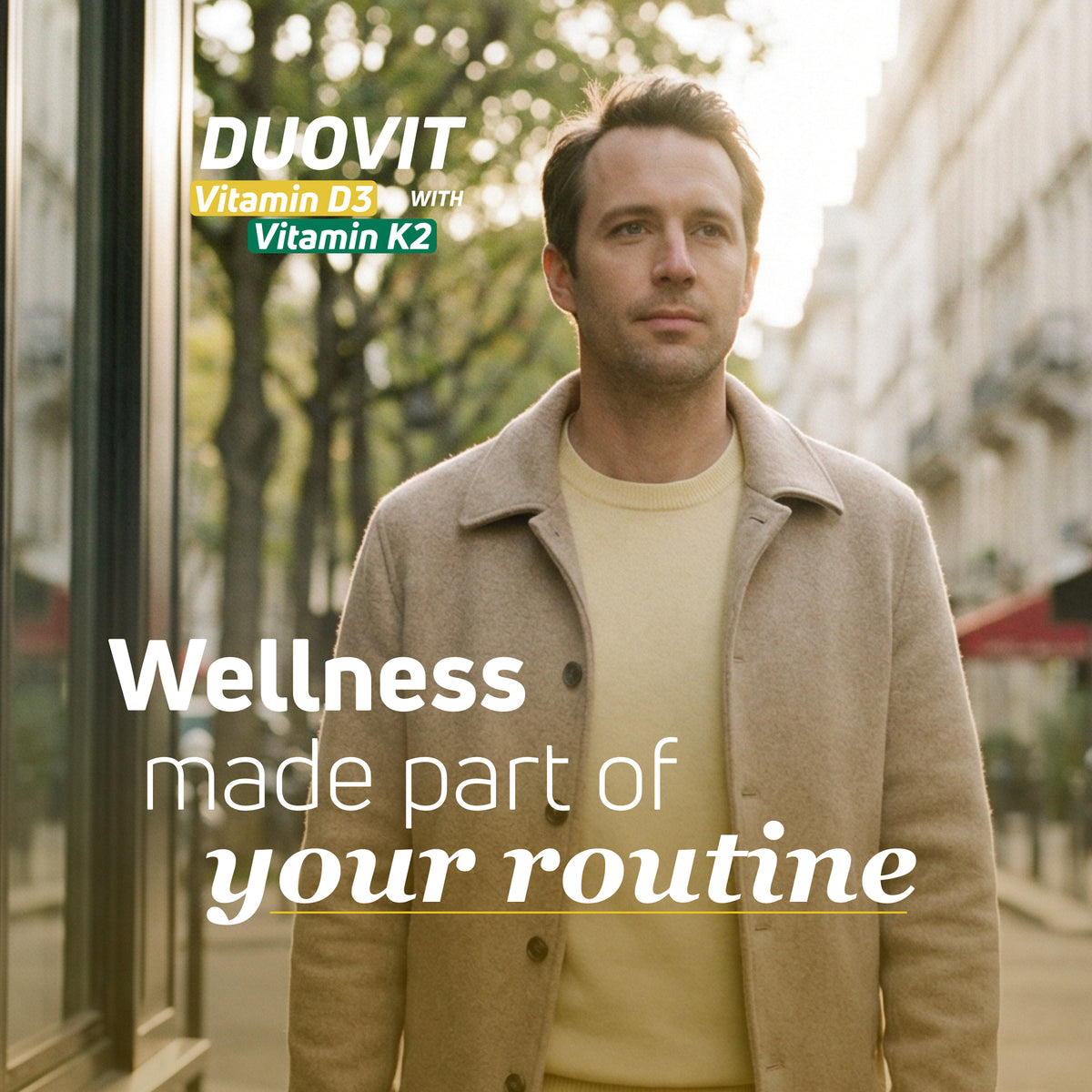 Man outdoors representing daily wellness routine with Duovit Vitamin D3 and Vitamin K2 supplement.
