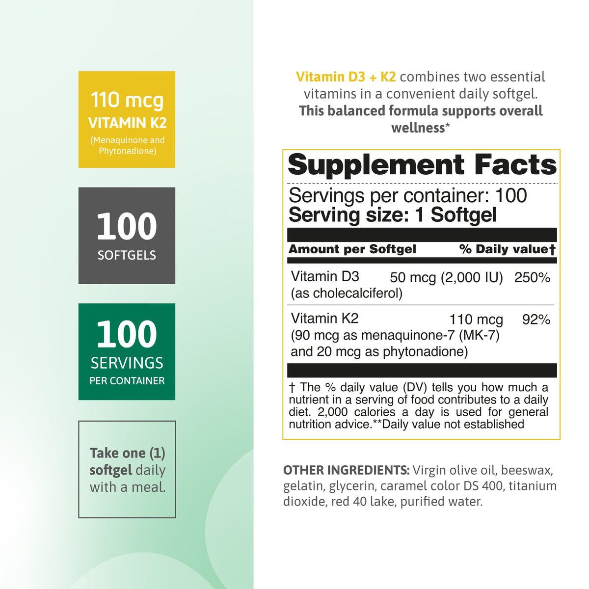 Supplement facts for Duovit Vitamin D3 2000 IU and Vitamin K2 110 mcg softgels.