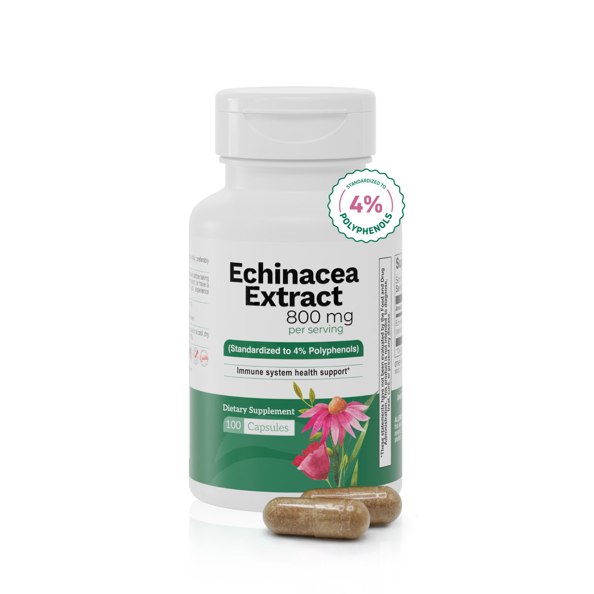 Echinacea Extract 800 mg supplement bottle with 100 capsules and 4% polyphenols for immune system support.