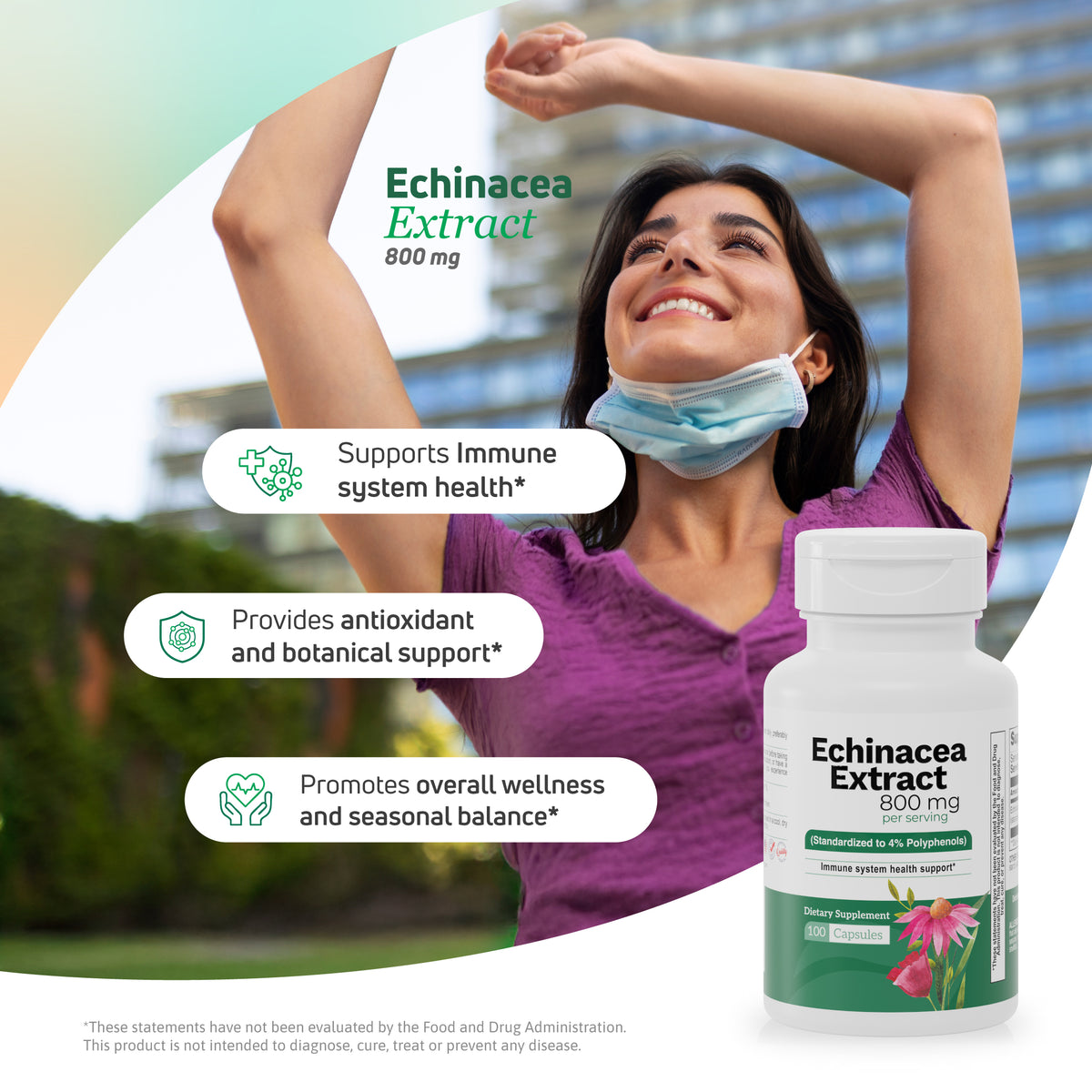 Echinacea Extract 800 mg lifestyle image highlighting immune system support, botanical support and overall wellness.