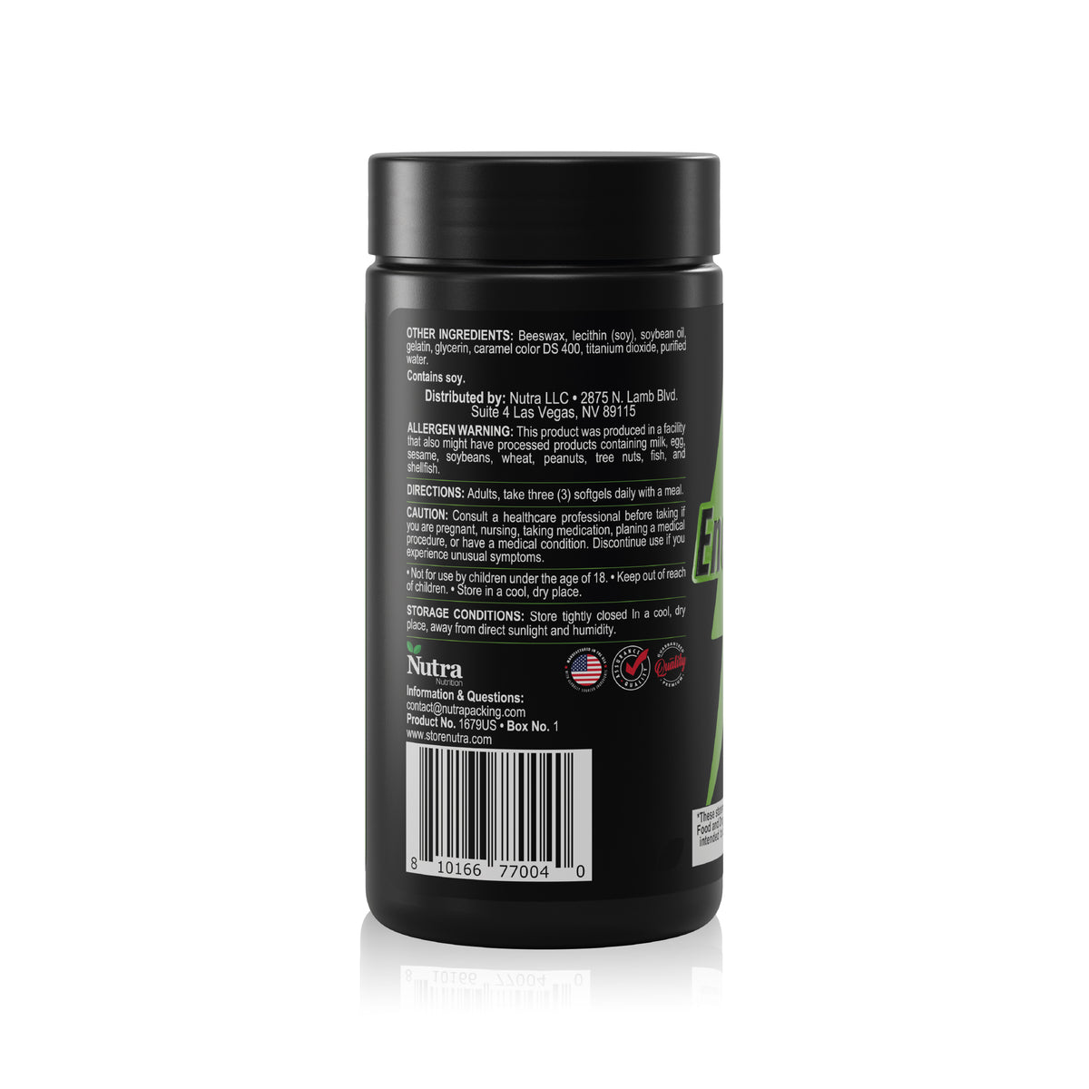 EnergyTon Energy Complex supplement bottle back label with directions, caution information and barcode