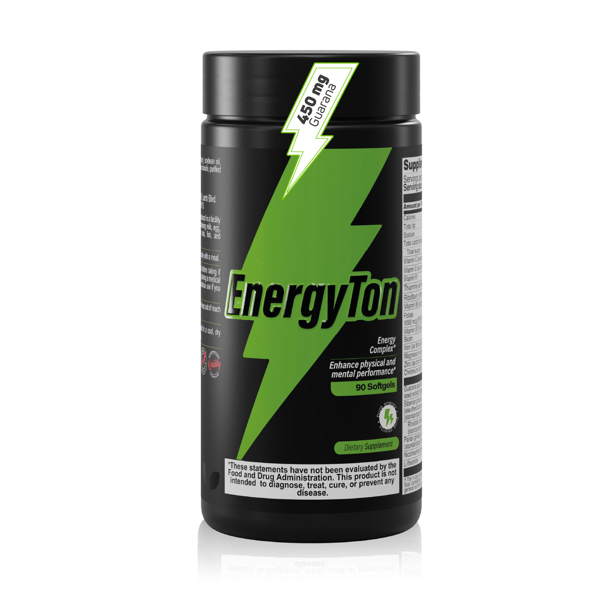 EnergyTon Energy Complex supplement bottle with 450 mg guarana and 90 softgels