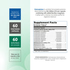 Enterophylus probiotic supplement information showing 38.1 billion CFU, 60 vegetarian capsules, and daily serving details
