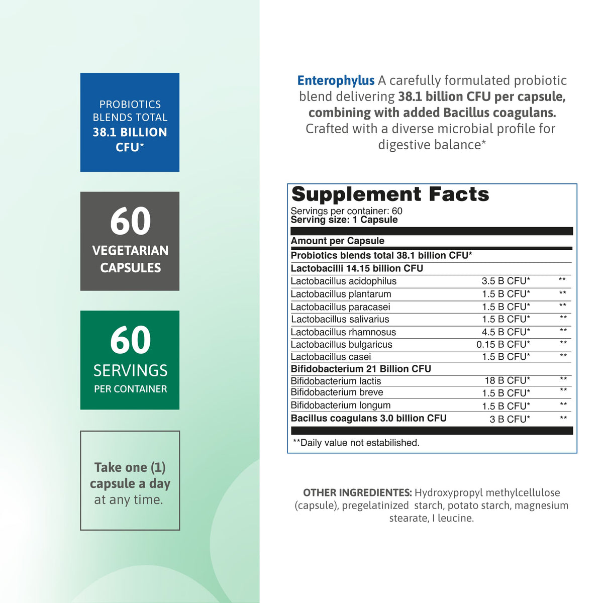 Enterophylus probiotic supplement information showing 38.1 billion CFU, 60 vegetarian capsules, and daily serving details