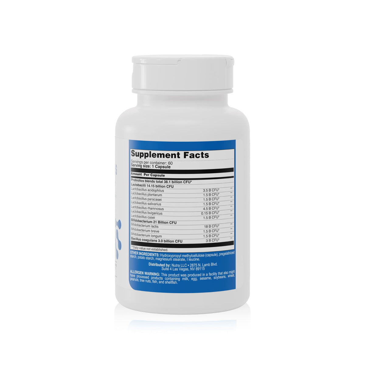 Supplement facts panel for Enterophylus probiotic blend with Lactobacilli, Bifidobacterium, and Bacillus coagulans