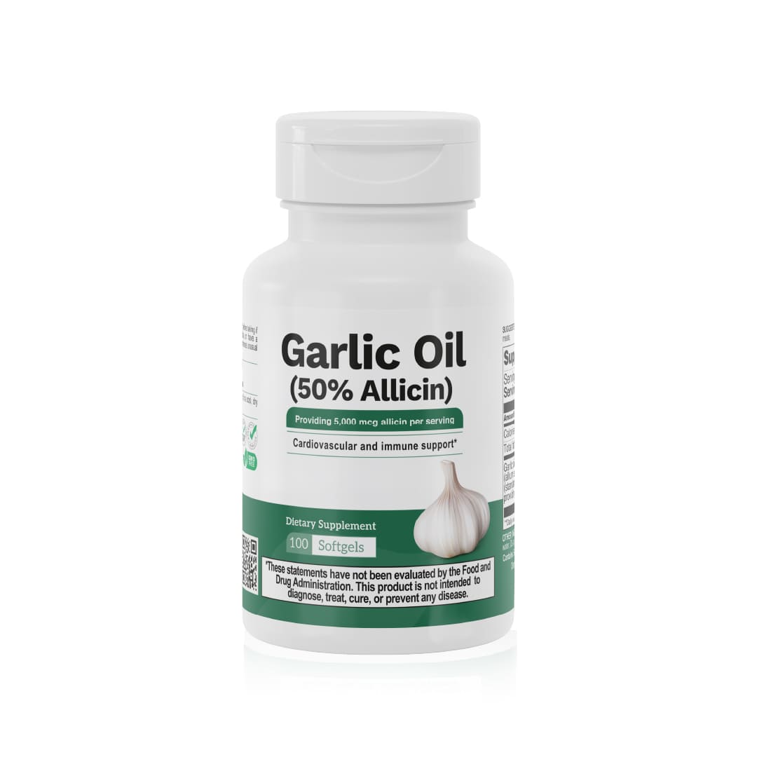 Garlic Oil 50% Allicin supplement bottle providing 5000 mcg allicin equivalent with 100 softgels