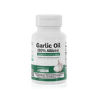 Garlic Oil 50% Allicin supplement bottle providing 5000 mcg allicin equivalent with 100 softgels