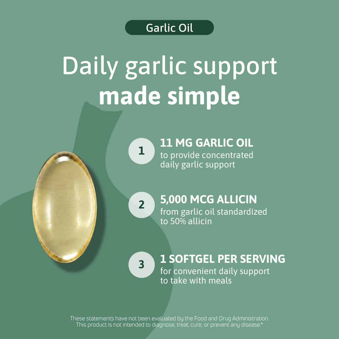 Garlic Oil formula with 11 mg of garlic oil, 5,000 mcg of allicin, and one softgel per serving for convenient daily use with meals.
