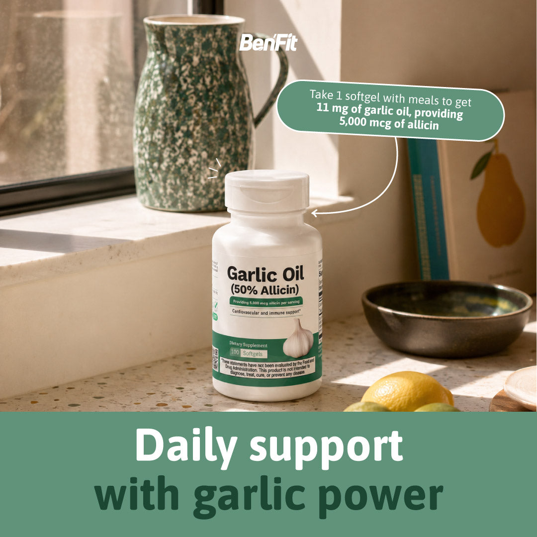 BenFit Garlic Oil supplement in a bright kitchen setting, featuring 11 mg of garlic oil standardized to provide 5,000 mcg of allicin.