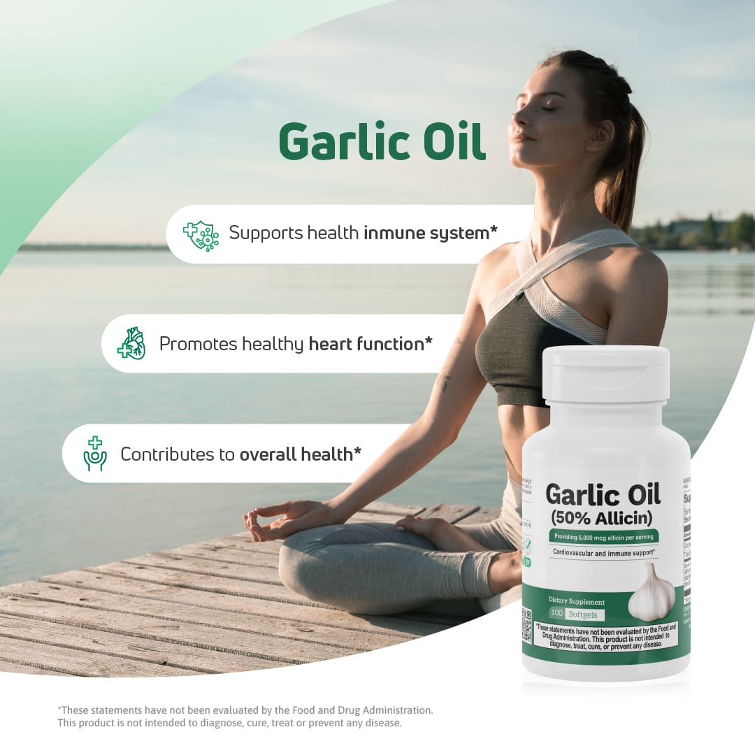 Garlic Oil supplement lifestyle image for immune system support, heart function and overall health