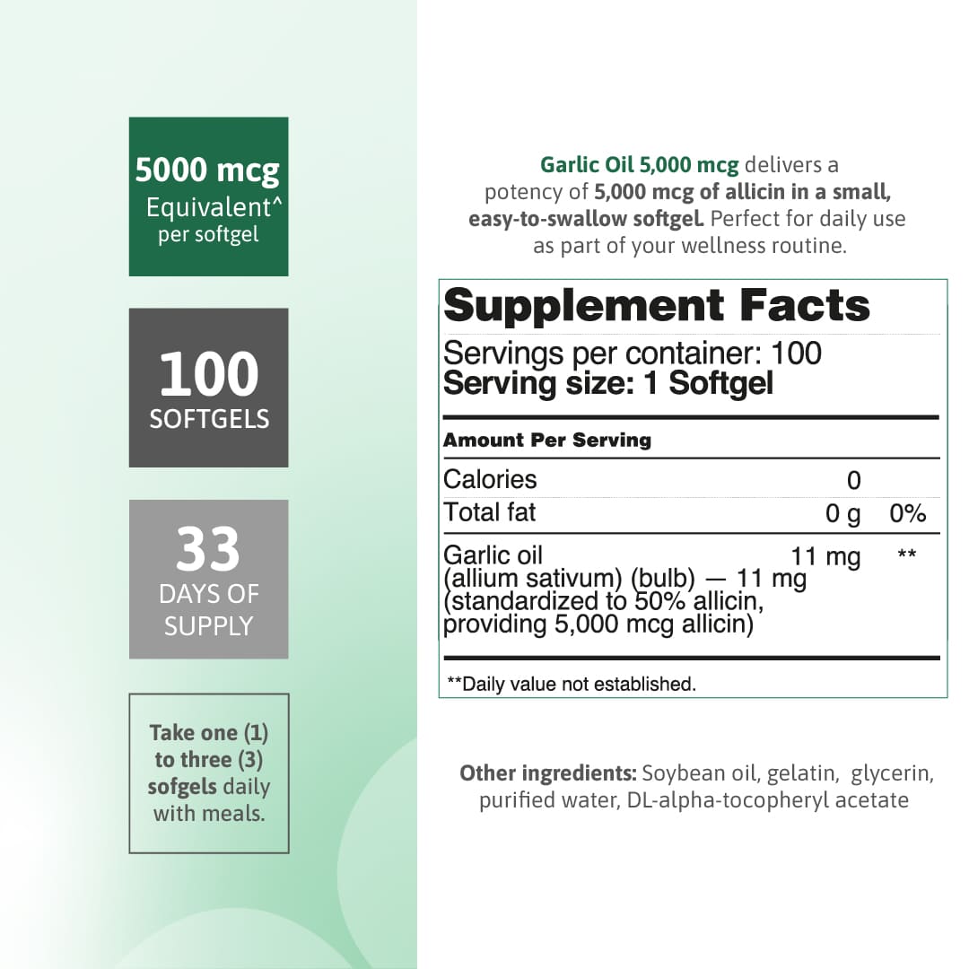Garlic Oil supplement facts panel with 5000 mcg allicin equivalent, 100 softgels and 33 day supply