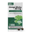 Ginkgo Biloba 80 mg supplement box with 60 softgels and standardized extract.