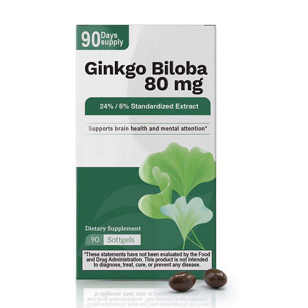 Ginkgo Biloba 80 mg supplement box with 90 softgels and 90-day supply.