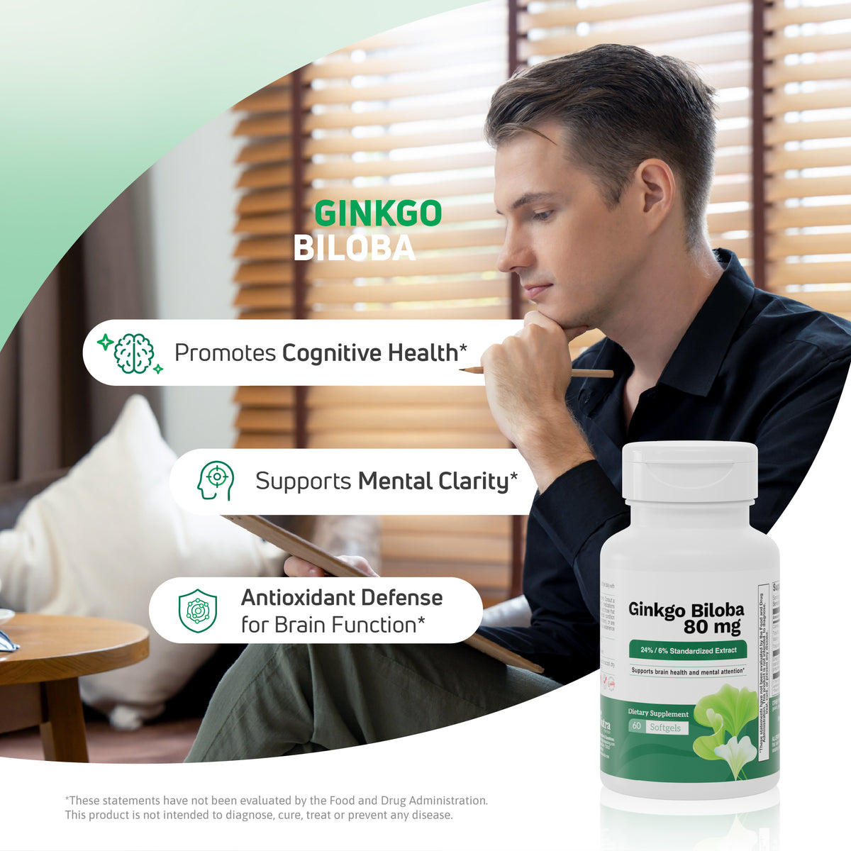 Man reading with Ginkgo Biloba 80 mg supplement for cognitive health and mental clarity support.