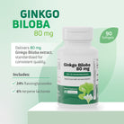 Ginkgo Biloba 80 mg standardized extract supplement with 90 softgels.