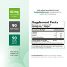 Supplement facts for Ginkgo Biloba 80 mg extract with 90 softgels and 90-day supply.