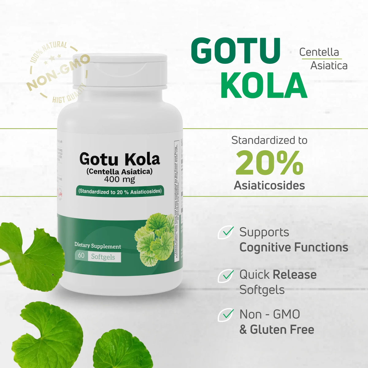 Gotu Kola Centella Asiatica 400 mg supplement standardized to 20% asiaticosides with quick release softgels