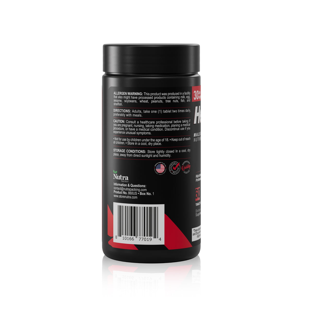 HelpSX supplement bottle back label with directions, caution information and barcode