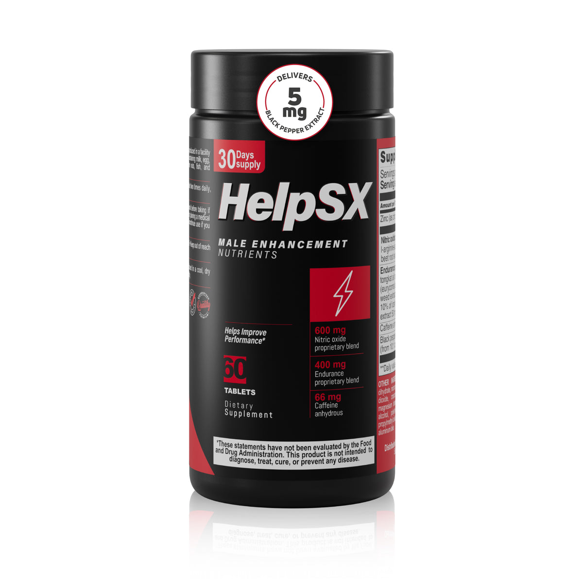 HelpSX male enhancement nutrients supplement bottle with 60 tablets and black pepper extract