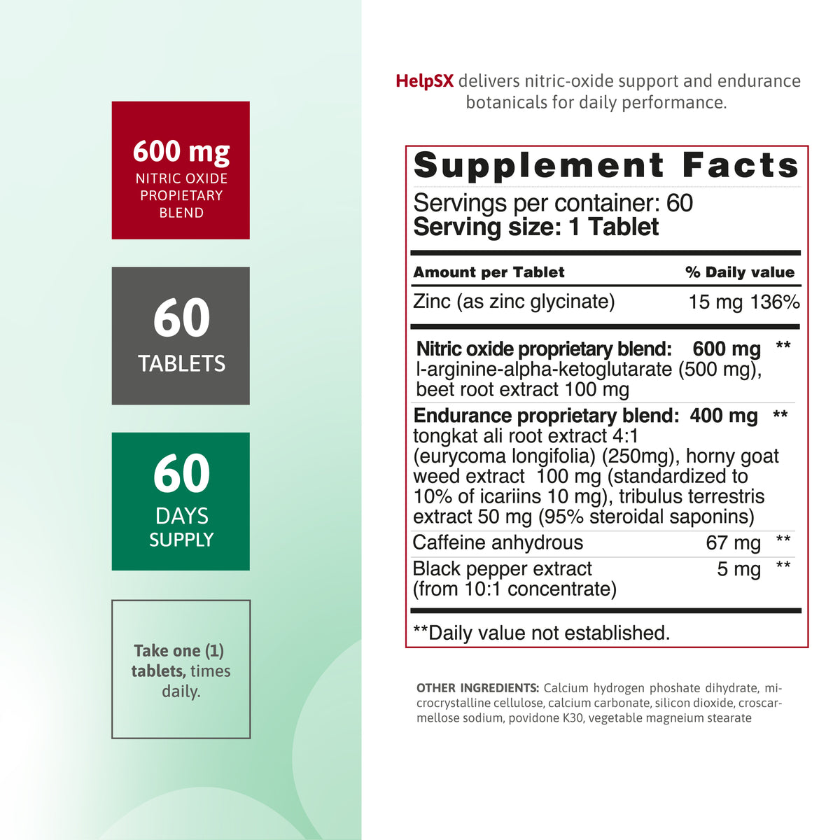 HelpSX supplement facts panel with nitric oxide proprietary blend, endurance blend, caffeine and black pepper extract