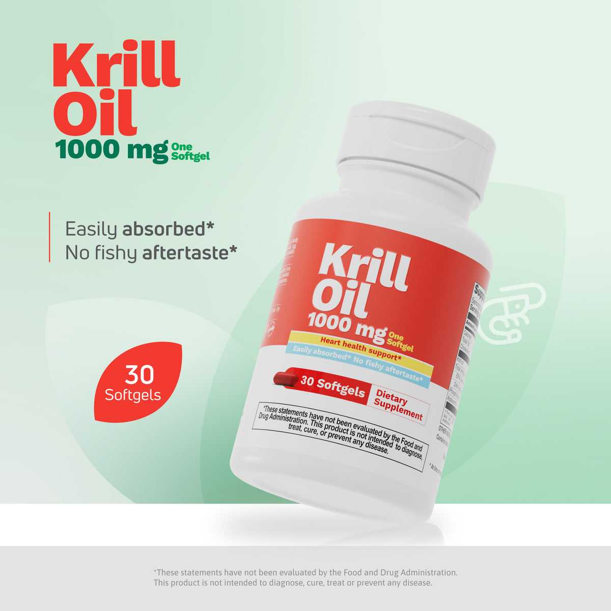 Krill Oil 1000 mg supplement with 30 softgels, easily absorbed and no fishy aftertaste.