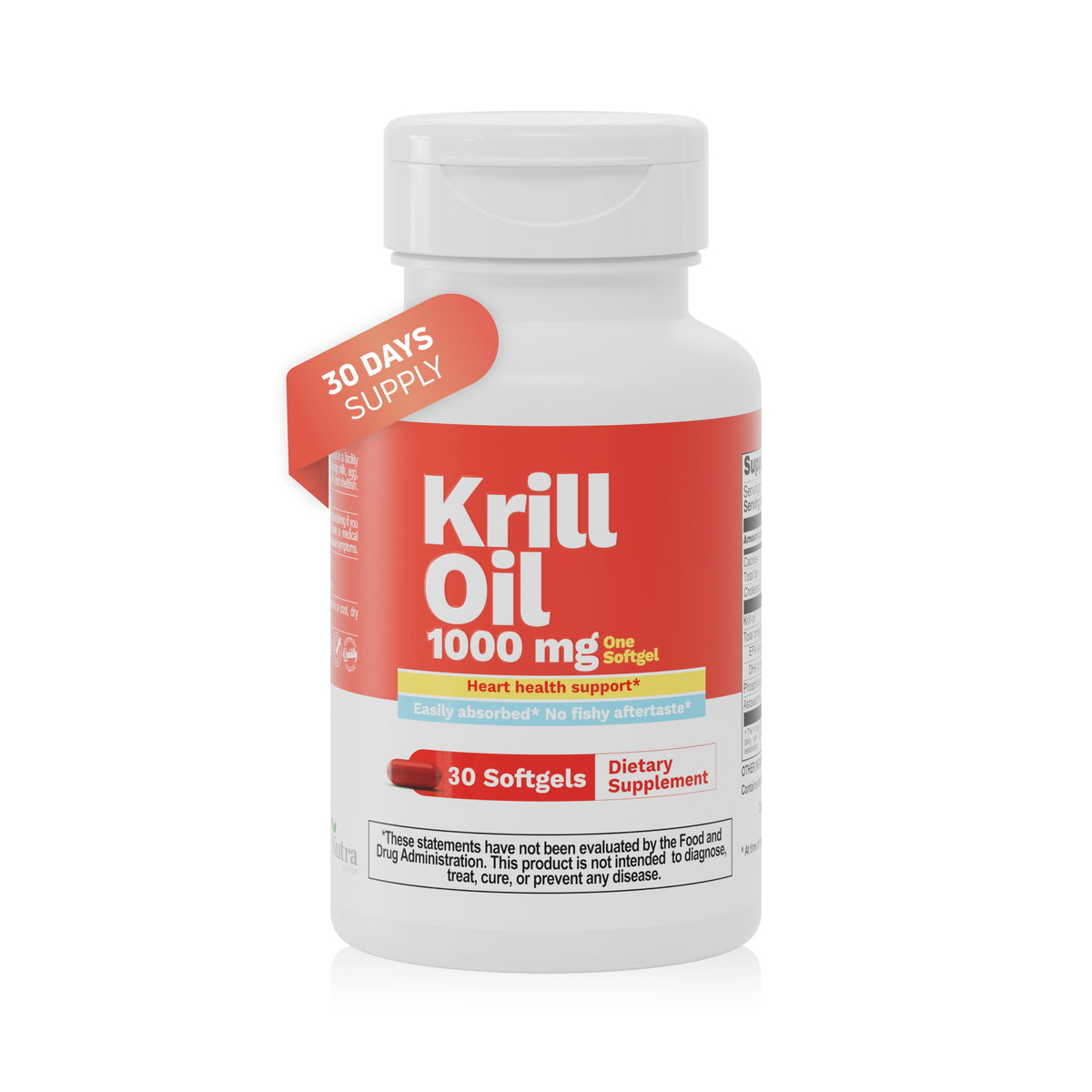 Krill Oil 1000 mg omega 3 supplement bottle with 30 softgels for daily wellness support.