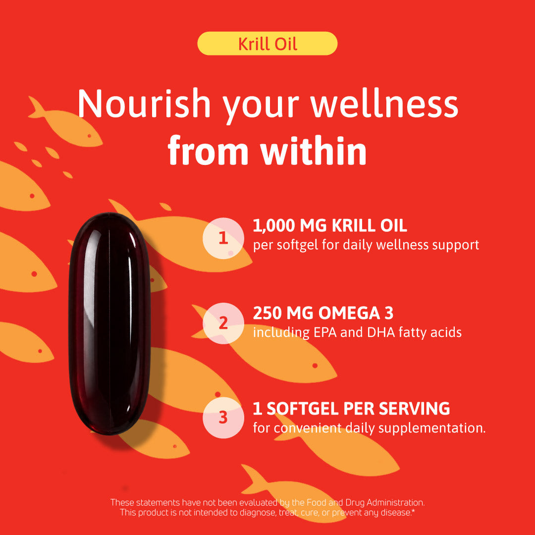 Krill oil formula providing 1,000 mg of krill oil and 250 mg of omega-3 with EPA and DHA in one softgel per serving.