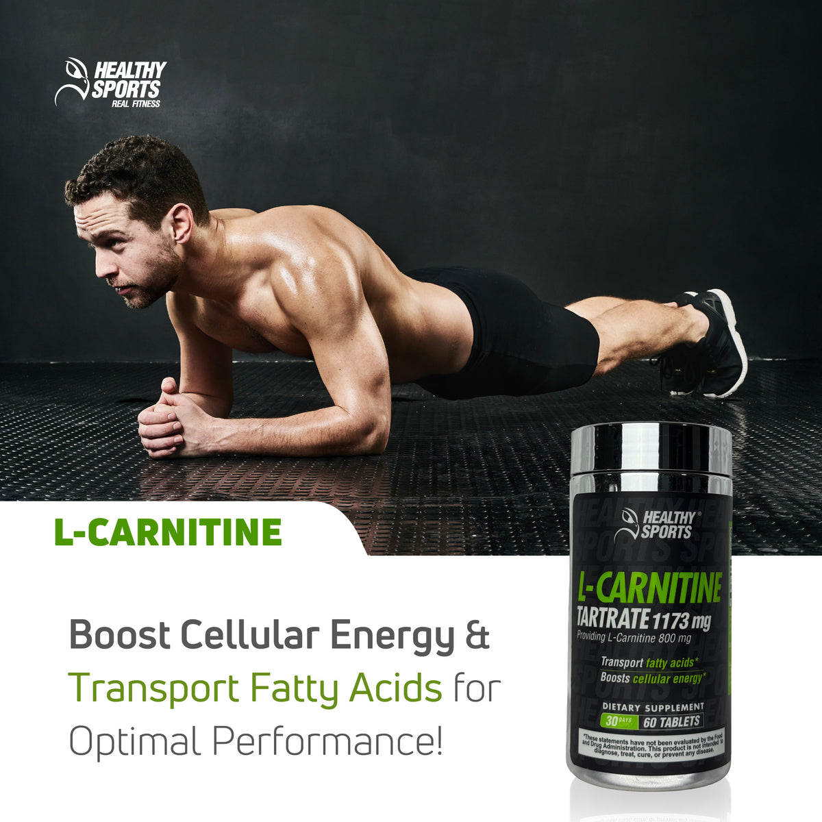 L-Carnitine Tartrate supplement for cellular energy and fatty acid transport with workout lifestyle image