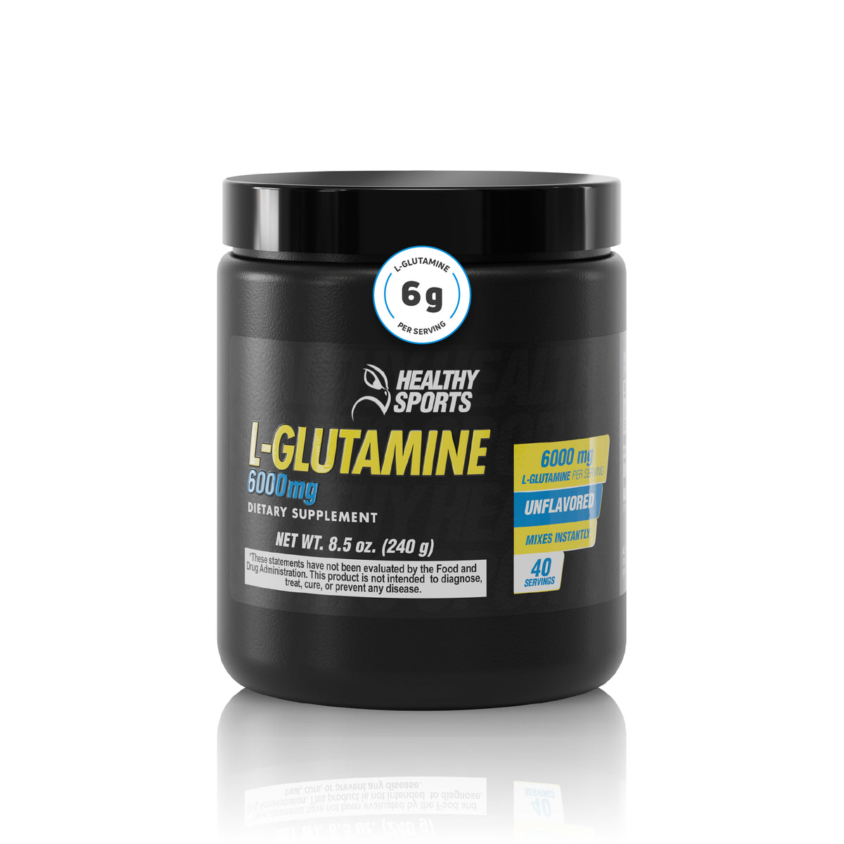 L-Glutamine 6000 mg unflavored powder supplement, 240 g container with 40 servings.