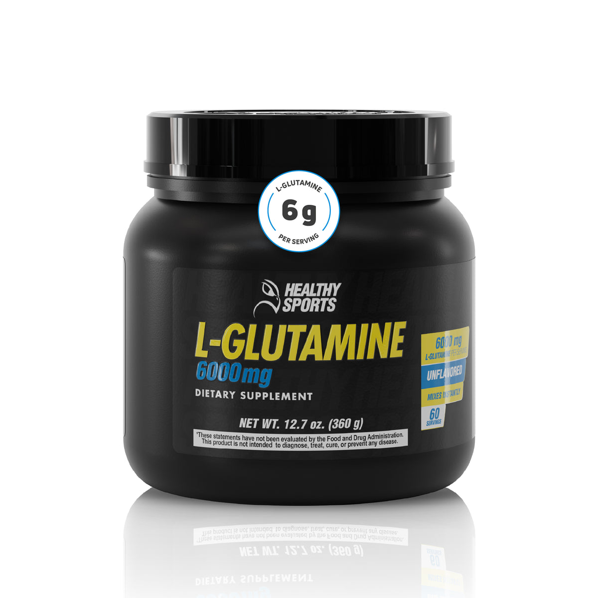 L-Glutamine 6000 mg unflavored powder supplement, 360 g container with 60 servings.