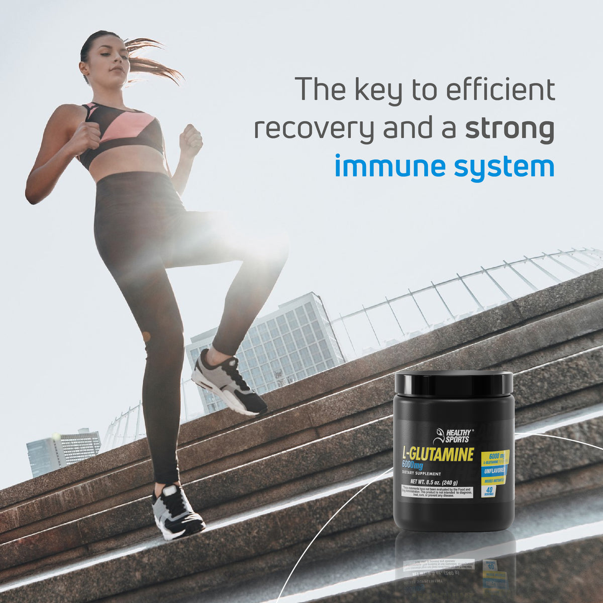 Athletic woman exercising with L-Glutamine 6000 mg powder for recovery and immune support.