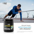 Man doing outdoor push-up with L-Glutamine 6000 mg powder for workout recovery support.