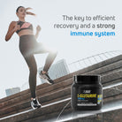 Woman running stairs with L-Glutamine 6000 mg powder for efficient recovery and immune support.