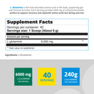 Supplement facts for L-Glutamine 6000 mg unflavored powder with 40 servings per container.