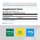 Supplement facts for L-Glutamine 6000 mg unflavored powder with 60 servings per container.