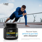 Outdoor workout lifestyle image featuring L-Glutamine 6000 mg powder for faster recovery support.