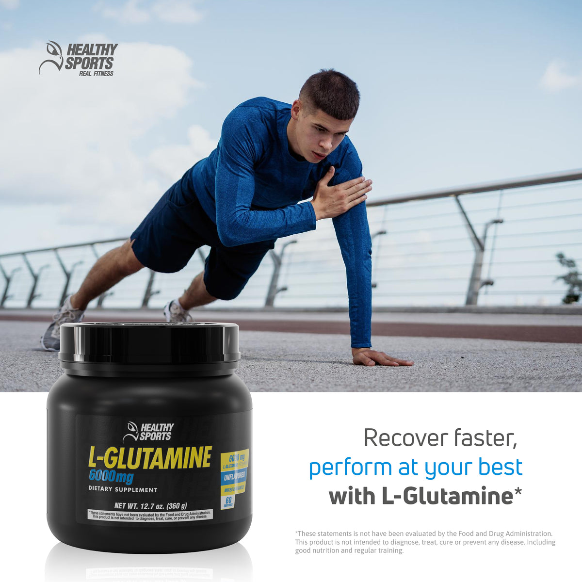 Outdoor workout lifestyle image featuring L-Glutamine 6000 mg powder for faster recovery support.