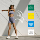 Athletic woman stretching with L-Glutamine powder benefits including one ingredient, unflavored formula, and easy mixing.