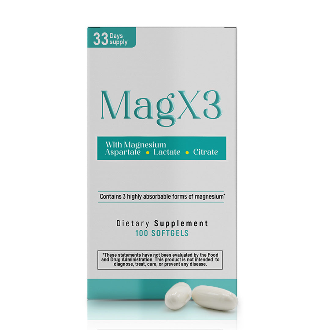 MagX3 magnesium supplement box with 400 mg per serving, 100 softgels and 33 day supply