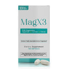 MagX3 magnesium supplement box with 400 mg per serving, 100 softgels and 33 day supply