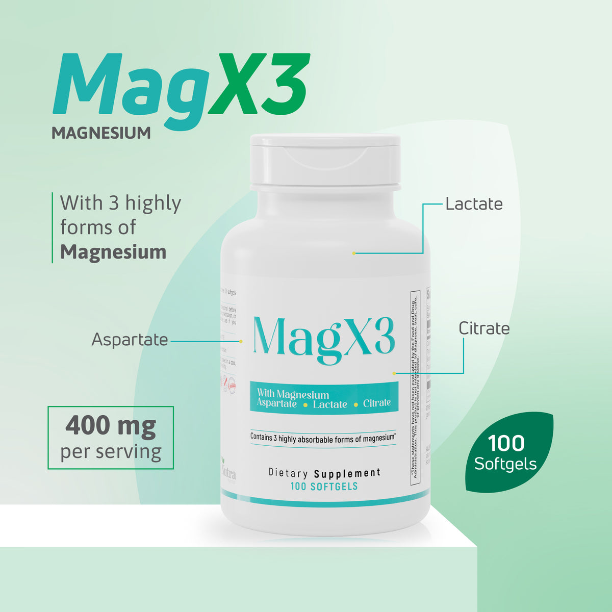 MagX3 magnesium supplement with three forms of magnesium, aspartate, lactate and citrate, 100 softgels