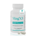 MagX3 magnesium supplement bottle with magnesium aspartate, lactate and citrate, 400 mg per serving and 100 softgels